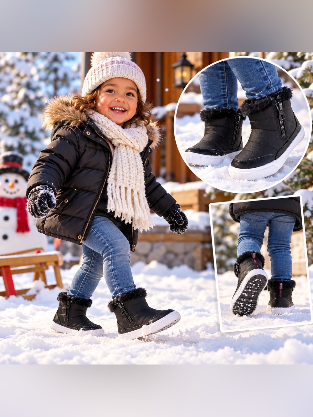 Cat & Jack Toddler Girls Black Faux Fur Lined Boots Side Zip White Sole Sz 10